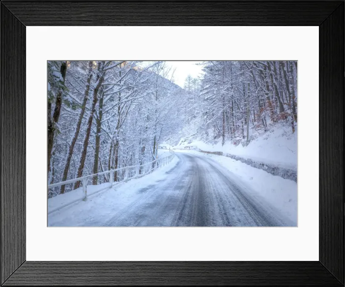 Framed Print : The road of Raccolana Valley after a snowfall, Julian Alps, Chiusaforte, Udine province Framed Print : The road of Raccolana Valley after a snowfall, Julian Alps, Chiusaforte, Udine province