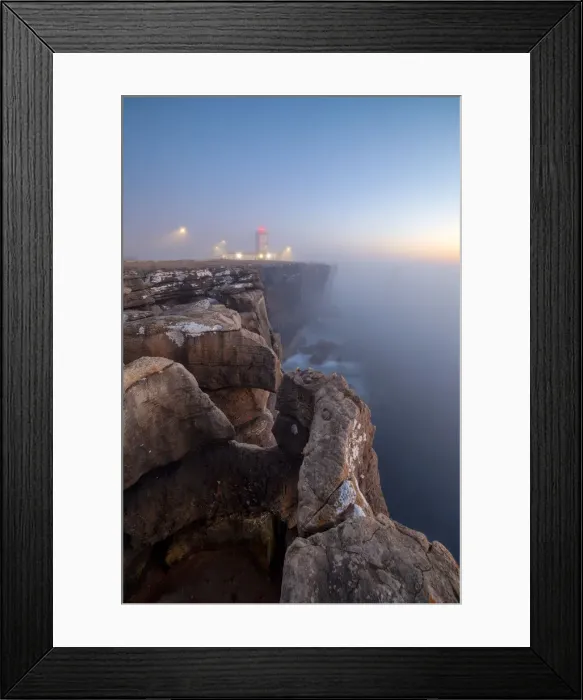 Framed Print : Foggy sunset at Cabo Carvoiero Lighthose, Peniche municipality, Leiria district Framed Print : Foggy sunset at Cabo Carvoiero Lighthose, Peniche municipality, Leiria district
