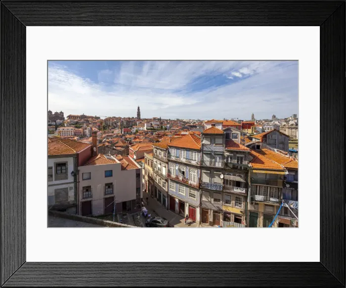 Framed Print : Overview of the old town of Porto, with Clérigos tower on the background, from the terrace of Porto Cathedral, Porto, Porto district, Norte Region, Portugal Framed Print : Overview of the old town of Porto, with Clérigos tower on the background, from the terrace of Porto Cathedral, Porto, Porto district, Norte Region, Portugal