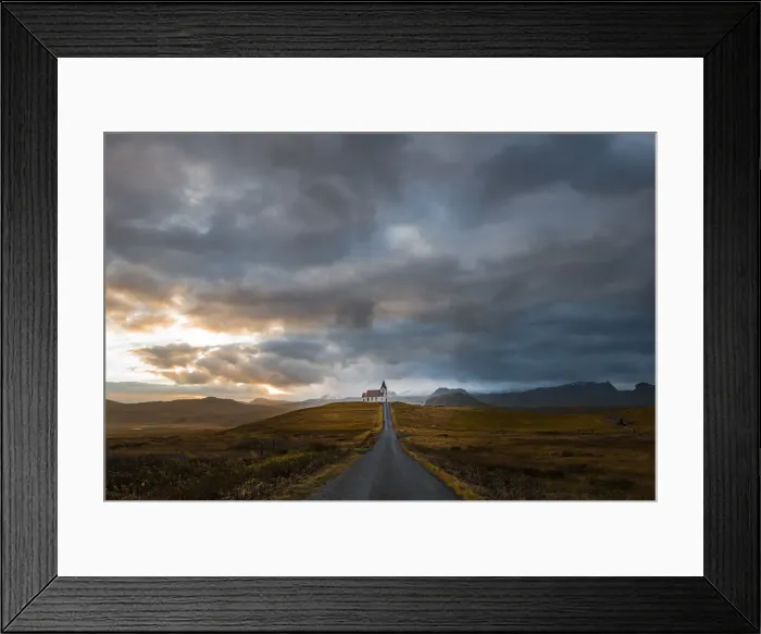 Framed Print : Iceland, Western Region, Hellissandur, Ingjaldsholl. After rain, the sun try to light up church Framed Print : Iceland, Western Region, Hellissandur, Ingjaldsholl. After rain, the sun try to light up church