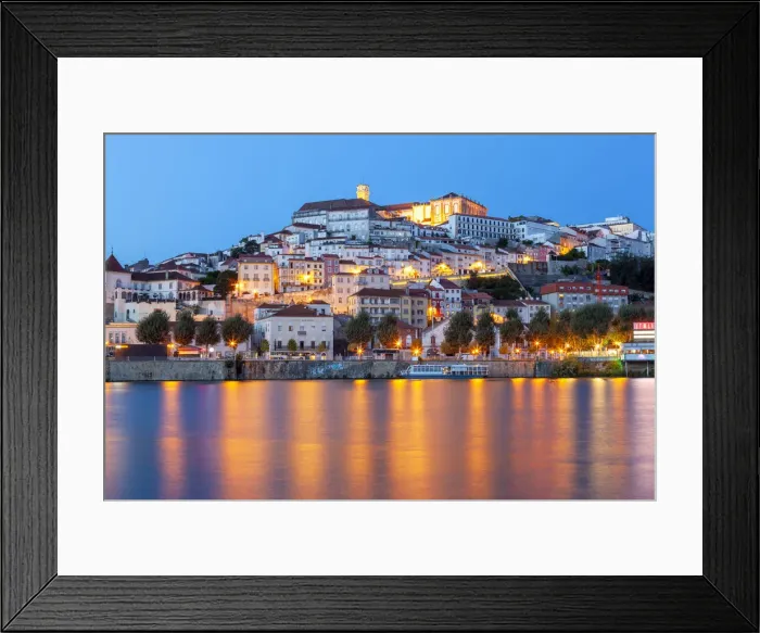 Framed Print : View of Coimbra ol town and Mondego River at dusk. Coimbra, Coimbra district