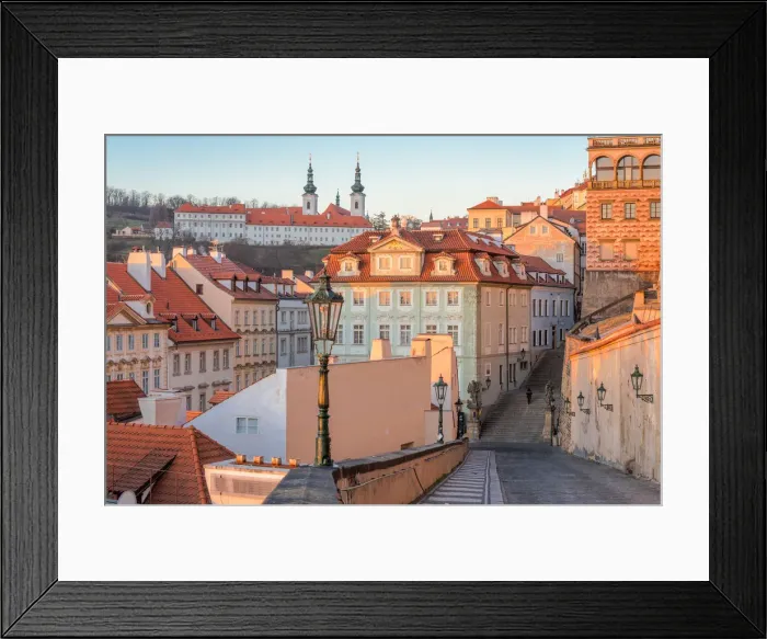 Framed Print : Mala Strana palaces with Strahov monastery in the background at sunrise, Prague Framed Print : Mala Strana palaces with Strahov monastery in the background at sunrise, Prague
