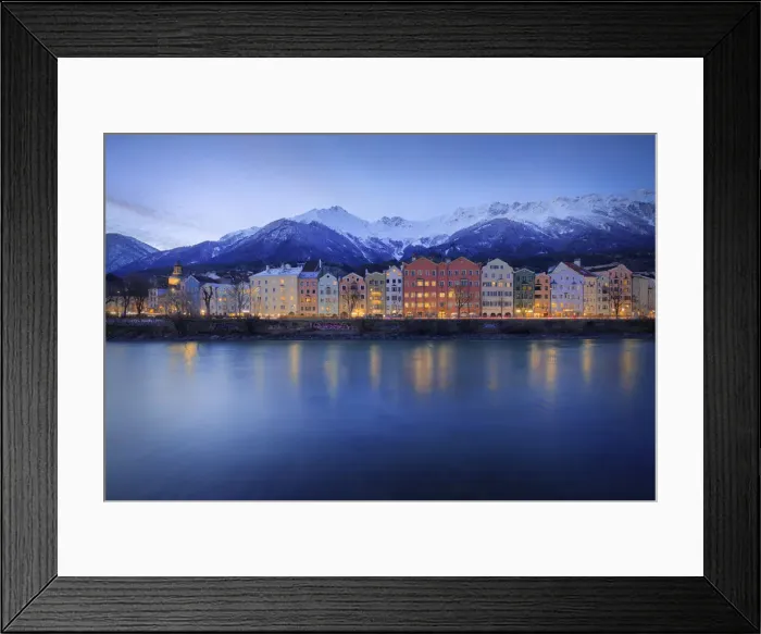 Framed Print : The classic view at evening of the Mariahilf buildings with the Nordkette in Framed Print : The classic view at evening of the Mariahilf buildings with the Nordkette in