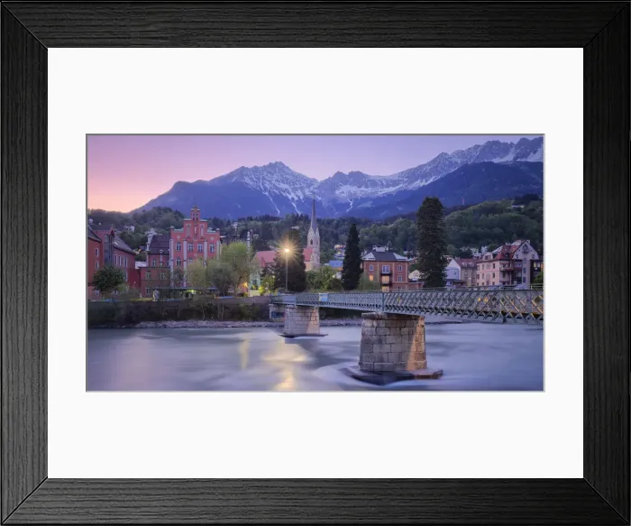 Framed Print : Sankt Nikolaus district at dusk with the Nordkette mountain range in the background Framed Print : Sankt Nikolaus district at dusk with the Nordkette mountain range in the background