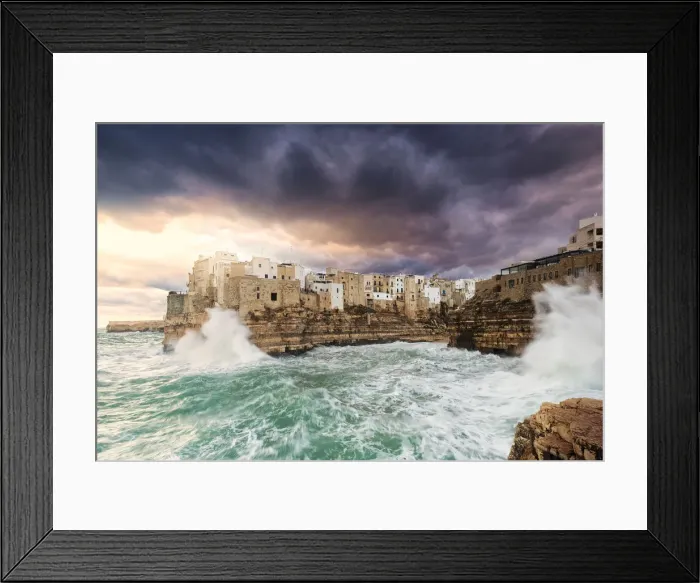 Framed Print : Waves crash on the cliff during a winter storm at sunrise Framed Print : Waves crash on the cliff during a winter storm at sunrise