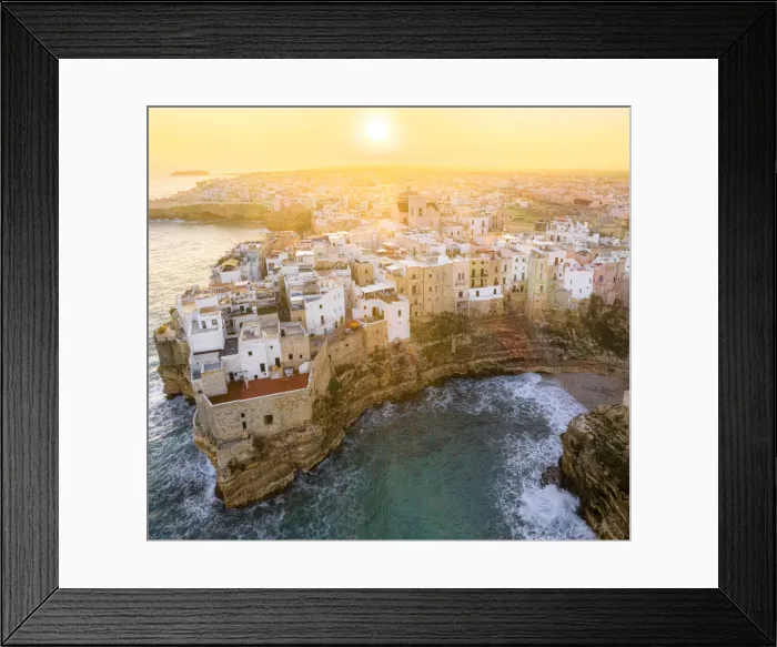 Framed Print : Aerial view of Polignano a Mare at sunrise. Polignano a Mare, Apulia, Italy Framed Print : Aerial view of Polignano a Mare at sunrise. Polignano a Mare, Apulia, Italy