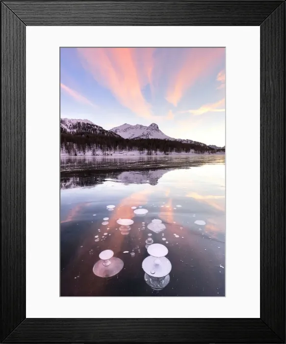 Framed Print : Methane bubbles in the icy surface of Silsersee with snowy peak illuminated by sunset Framed Print : Methane bubbles in the icy surface of Silsersee with snowy peak illuminated by sunset