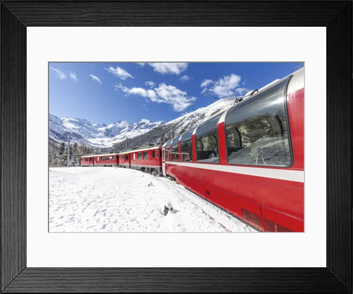 Framed Print : Transit of Bernina Express train at Montebello curve with view on Morterasch glacier Framed Print : Transit of Bernina Express train at Montebello curve with view on Morterasch glacier