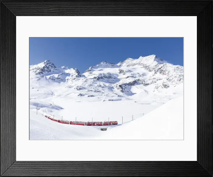 Framed Print : Bernina Express transit along Lago Bianco in winter, Bernina Pass, Engadin