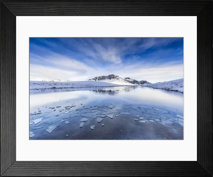 Framed Print : Clouds is reflected in the icy surface of alpine lake. Stelvio pass, Valtellina, Lombardy Framed Print : Clouds is reflected in the icy surface of alpine lake. Stelvio pass, Valtellina, Lombardy