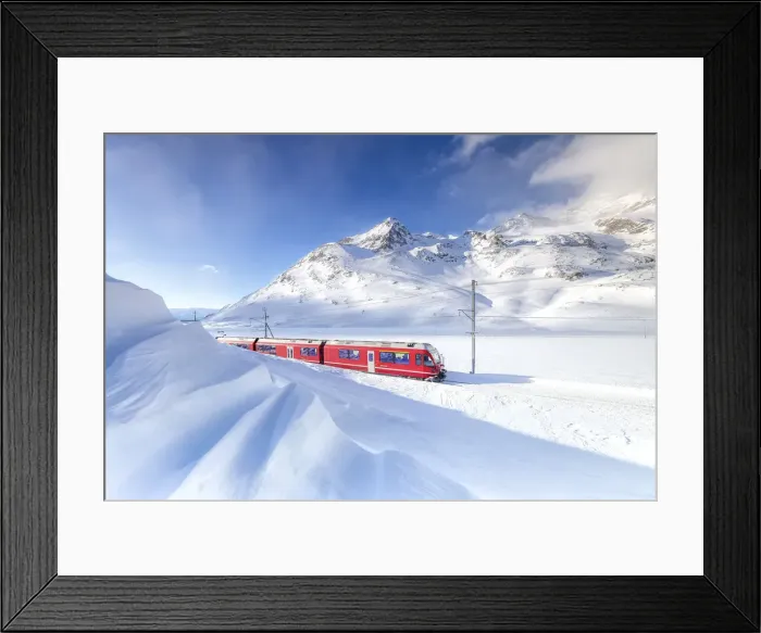 Framed Print : Bernina Express transit along Lago Bianco during winter blizzard, Bernina Pass, Engadin Framed Print : Bernina Express transit along Lago Bianco during winter blizzard, Bernina Pass, Engadin