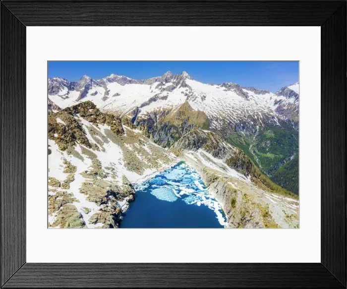 Framed Print : Aerial view of Lago Pirola in summer thaw. Chiareggio, Valmalenco, Valtellina Framed Print : Aerial view of Lago Pirola in summer thaw. Chiareggio, Valmalenco, Valtellina