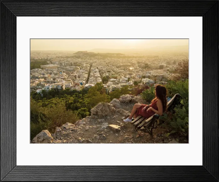 Framed Print : Girl seated on a bench at the Viewpoint of Athens at the lycabettus mount, Athens, Greece Framed Print : Girl seated on a bench at the Viewpoint of Athens at the lycabettus mount, Athens, Greece