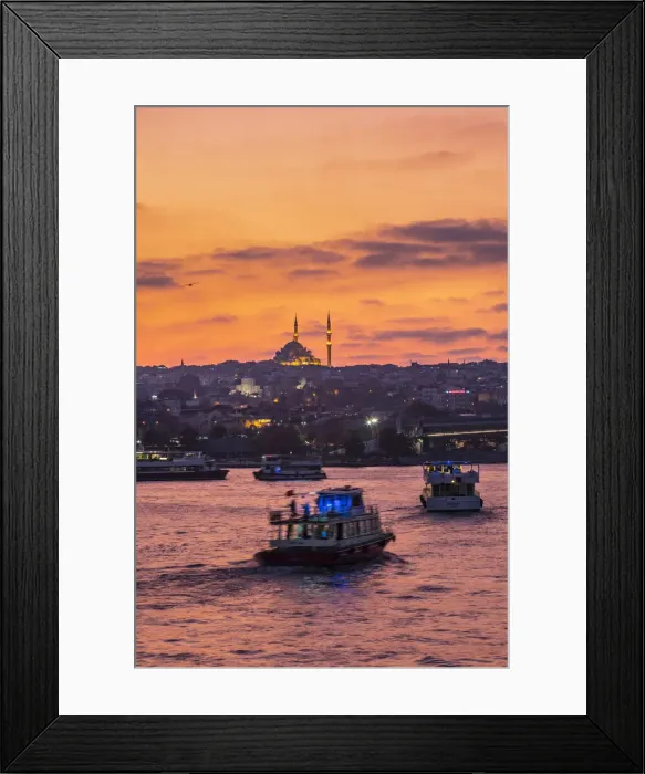 Framed Print : Boats in the Golden Horn at sunset with a Mosque in the background. Istanbul, Turkey Framed Print : Boats in the Golden Horn at sunset with a Mosque in the background. Istanbul, Turkey