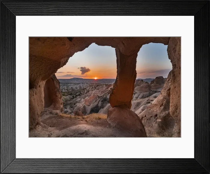 Framed Print : Sunsetscape from tuff cave between the hills of Red valley Framed Print : Sunsetscape from tuff cave between the hills of Red valley