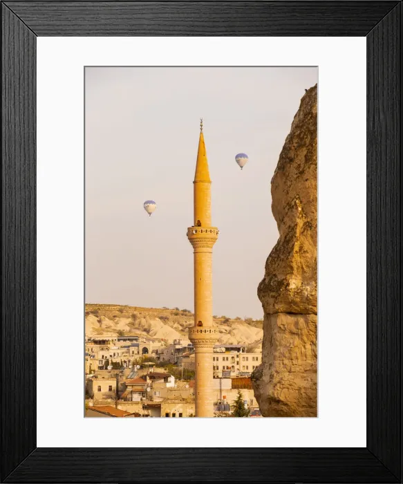 Framed Print : Mosques minaret and hot air balloons in the sky of Goreme Framed Print : Mosques minaret and hot air balloons in the sky of Goreme
