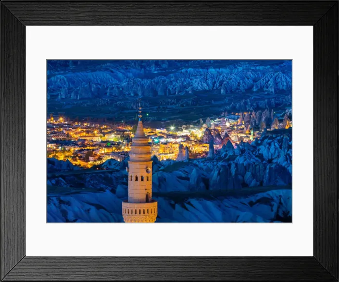 Framed Print : Uchisar minaret with Goreme town in the background at dusk Framed Print : Uchisar minaret with Goreme town in the background at dusk