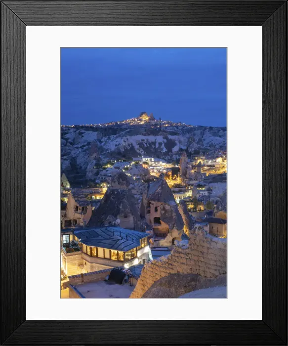 Framed Print : Landscape of the ancient town of Goreme at duskwith Uchisar fortrees in the background Framed Print : Landscape of the ancient town of Goreme at duskwith Uchisar fortrees in the background