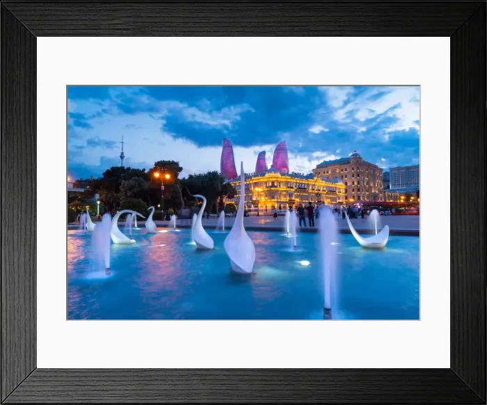 Framed Print : A swans fountain in the Baki Bulvari with Flame Towers in the background at twilight Framed Print : A swans fountain in the Baki Bulvari with Flame Towers in the background at twilight
