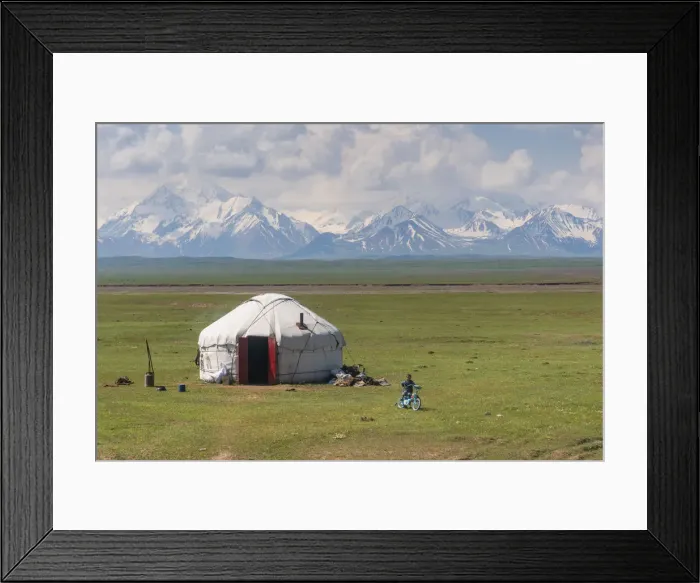 Framed Print : Kyrgyzstan landscape with a Yurt and children in foreground Framed Print : Kyrgyzstan landscape with a Yurt and children in foreground