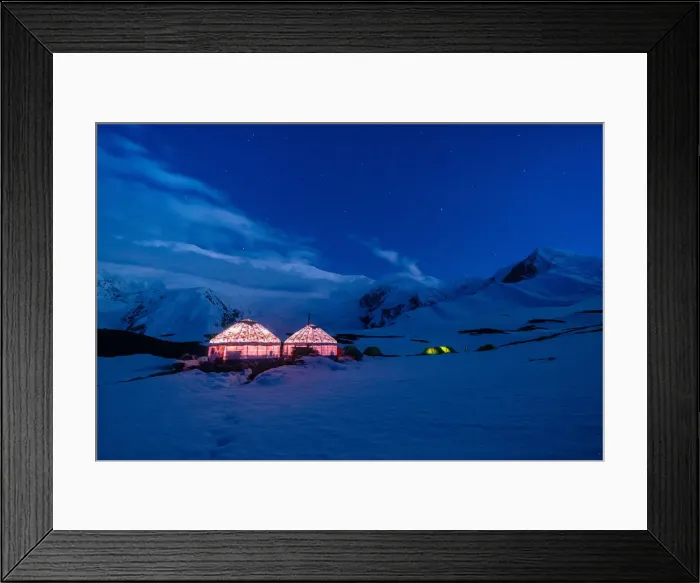 Framed Print : The yurts and tents of peak Lenin camp one illuminated at dusk with Peak Lenin massif in Framed Print : The yurts and tents of peak Lenin camp one illuminated at dusk with Peak Lenin massif in