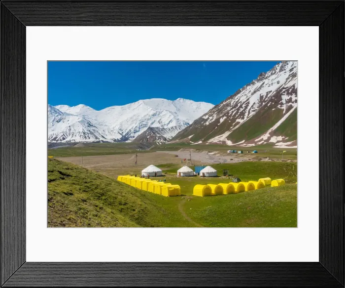 Framed Print : The tents of peak Lenin base camp with Lenin peak in the background Framed Print : The tents of peak Lenin base camp with Lenin peak in the background