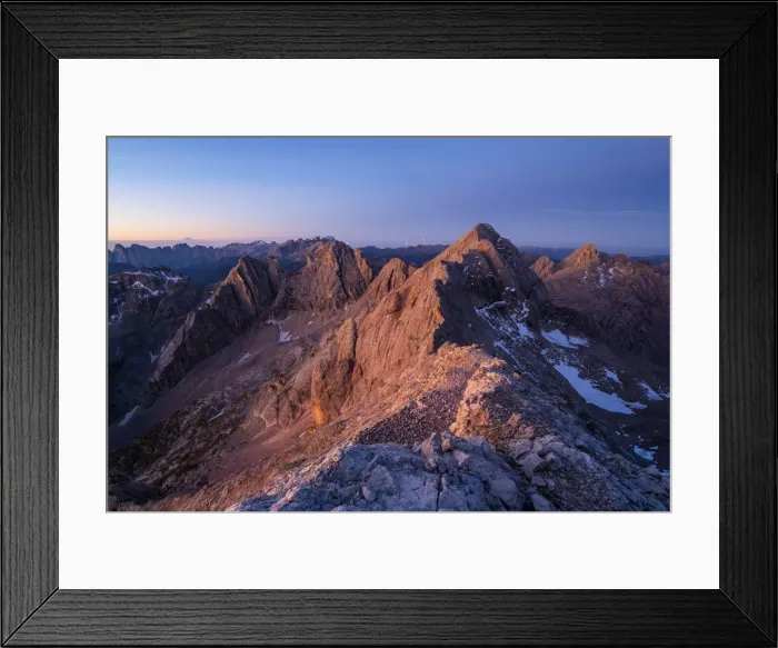 Framed Print : Marmolada south face at sunrise from Ombretta mount during summer