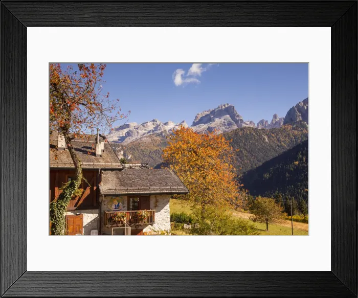 Framed Print : Autumnal landscape of a mountain house with Brenta Dolomites in background