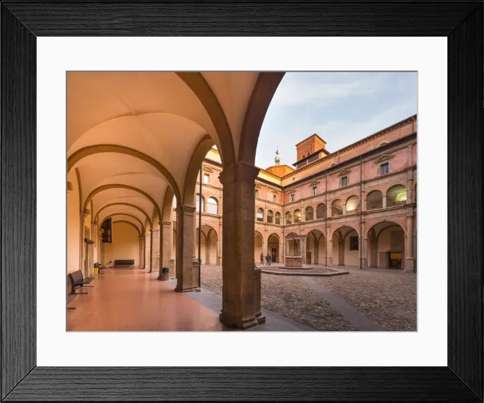Framed Print : San Giovanni in Monte portico and courtyard, Renaissence convent of city Framed Print : San Giovanni in Monte portico and courtyard, Renaissence convent of city