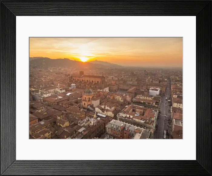Framed Print : Panorama from Asinelli tower at sunset to Old city of Bologna with San Luca church in Framed Print : Panorama from Asinelli tower at sunset to Old city of Bologna with San Luca church in
