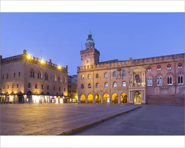 Accursio and Notai palaces in Maggiore square at twilight. Bologna, Emilia Romagna, Italy