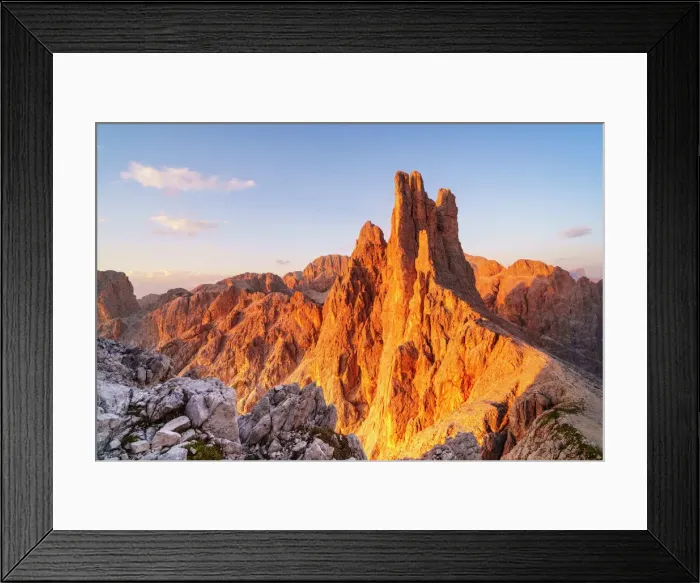 Framed Print : Vajolet towers at sunset in Catinaccio group of Dolomites