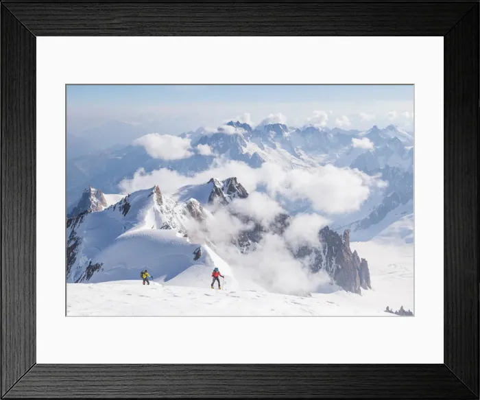 Framed Print : Ski mountaneers on the top of Mount Blanc with peaks in background Framed Print : Ski mountaneers on the top of Mount Blanc with peaks in background