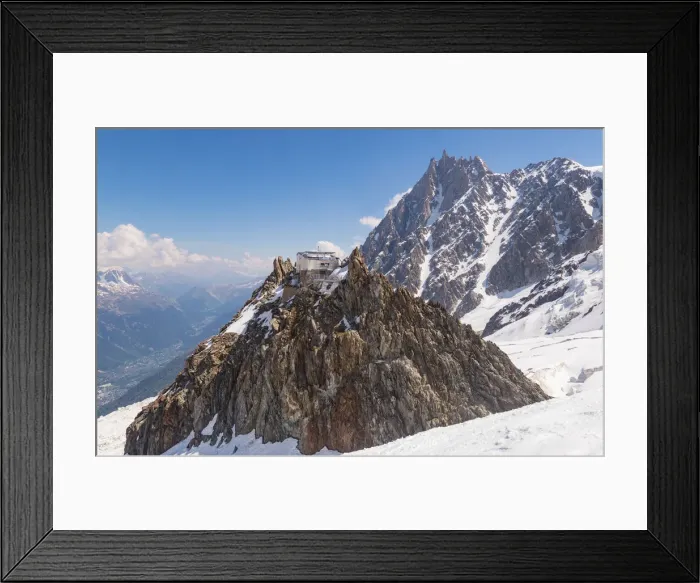 Framed Print : Les Grand Mulets alpine refuge over a rock in Mount Blanc north side over glacier Framed Print : Les Grand Mulets alpine refuge over a rock in Mount Blanc north side over glacier