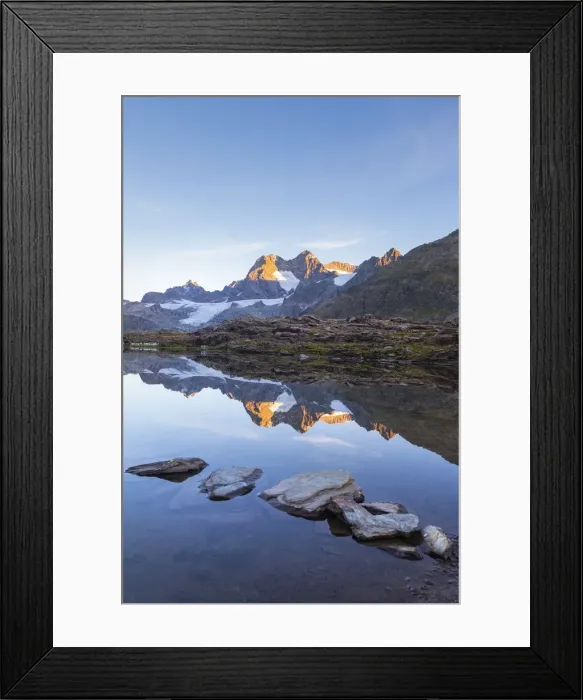 Framed Print : Sunrisescape at Confinale pass alpine lake during summer Framed Print : Sunrisescape at Confinale pass alpine lake during summer