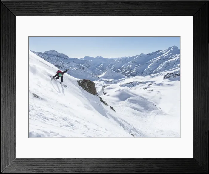 Framed Print : Snowborder and Panoramic view from Punta Indren, Monte Rosa ski area, Monte Rosa range Framed Print : Snowborder and Panoramic view from Punta Indren, Monte Rosa ski area, Monte Rosa range