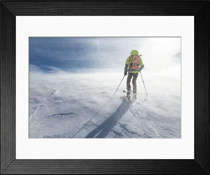 Framed Print : Solitary Mountaineering skier climbing up during blizzard Alpe Devero, Lepontine Alps Framed Print : Solitary Mountaineering skier climbing up during blizzard Alpe Devero, Lepontine Alps