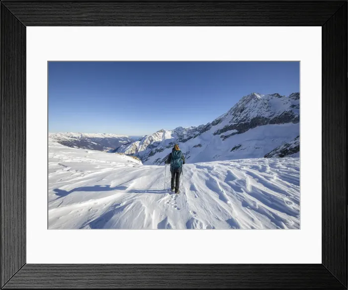 Framed Print : A woman observes panorama at Passo Presena, Trento, Val Presena, Trentino Alto Adige