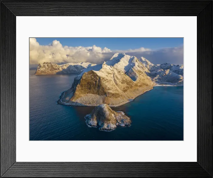 Framed Print : Aerial view of Uttakleiv and Haukland beach at sunrise, Leknes, Lofoten, Nordland, Norway