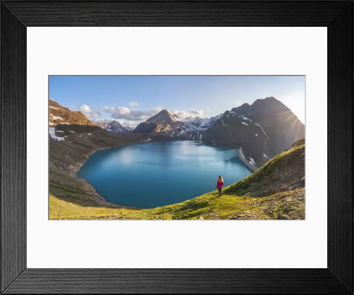 Framed Print : Woman looks at Gries Glacier and lake, Valais, Ulrichen, Switzerland (MR) Framed Print : Woman looks at Gries Glacier and lake, Valais, Ulrichen, Switzerland (MR)