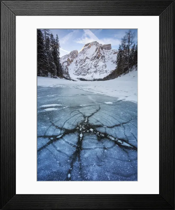 Framed Print : A view of Croda del Becco from Braies lake during winter at sunrise, Braies, Bolzano Framed Print : A view of Croda del Becco from Braies lake during winter at sunrise, Braies, Bolzano