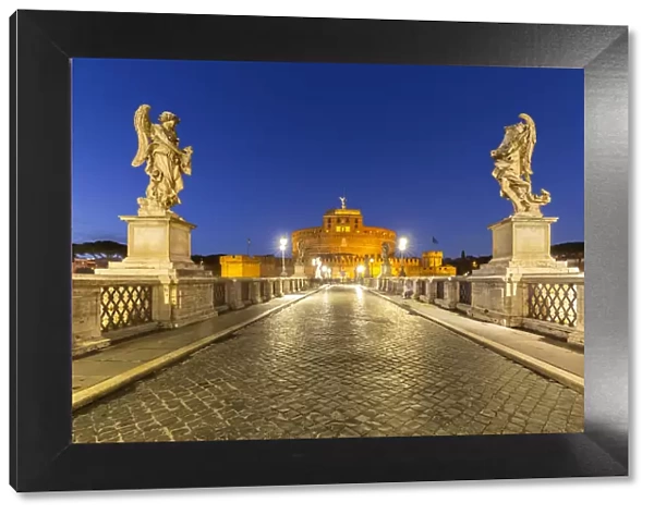 Blue hour in Rome in front of the Sant Angelo bridge and Castel Sant Angelo