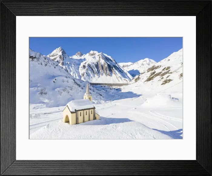Framed Print : Aerial view of the Oratorio di Sant Anna church, Riale and the Morasco lake Framed Print : Aerial view of the Oratorio di Sant Anna church, Riale and the Morasco lake