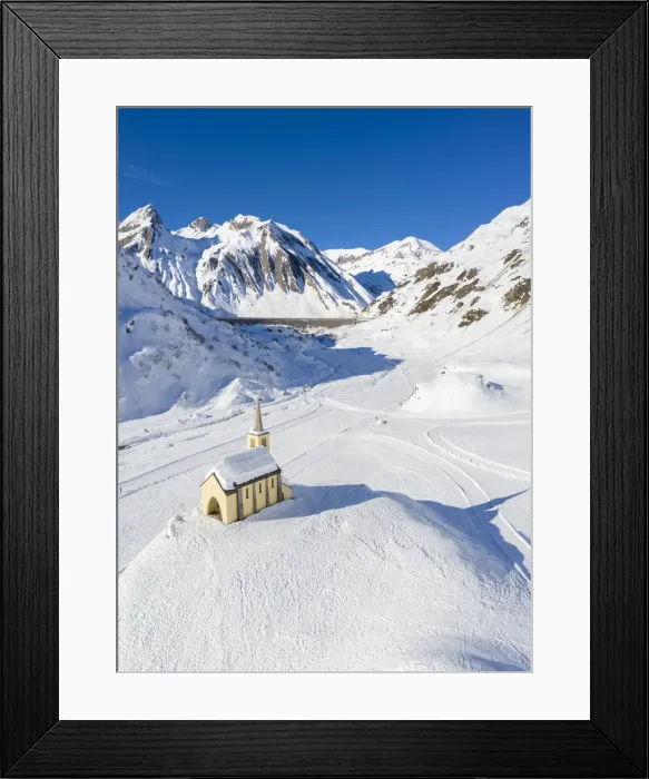Framed Print : Aerial view of the Oratorio di Sant Anna church, Riale and the Morasco lake Framed Print : Aerial view of the Oratorio di Sant Anna church, Riale and the Morasco lake