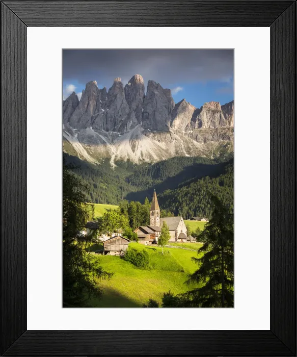 Framed Print : the famous church in S. Maddalena in Villnaoss with the Geisler in the background Framed Print : the famous church in S. Maddalena in Villnaoss with the Geisler in the background