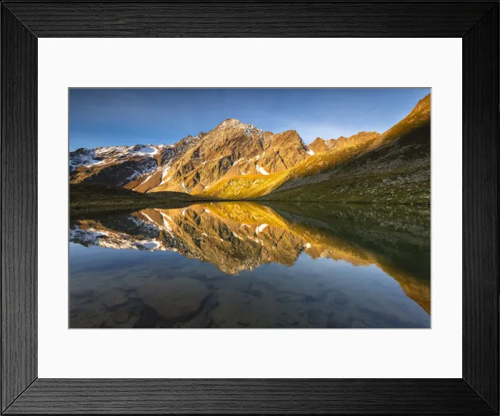Framed Print : Valmalza lake during a sunrise in Camonica valley, Ponte di Legno, Brescia province