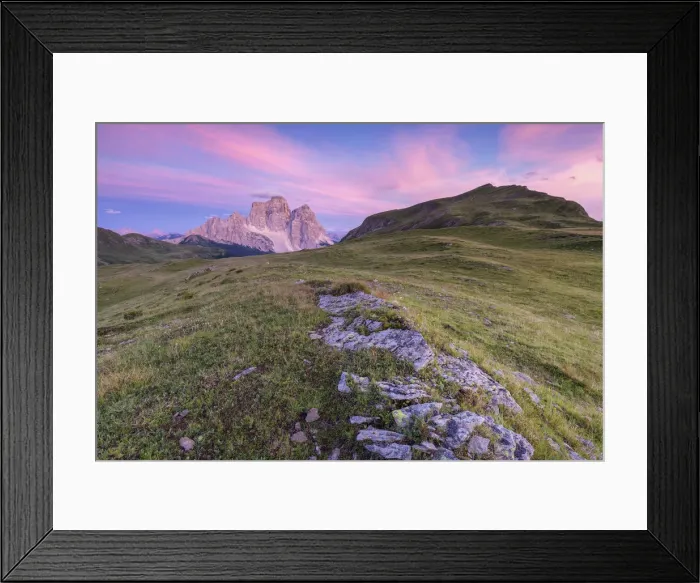 Framed Print : natural alpine landscape at dusk, mondeval with mount pelmo in the background Framed Print : natural alpine landscape at dusk, mondeval with mount pelmo in the background