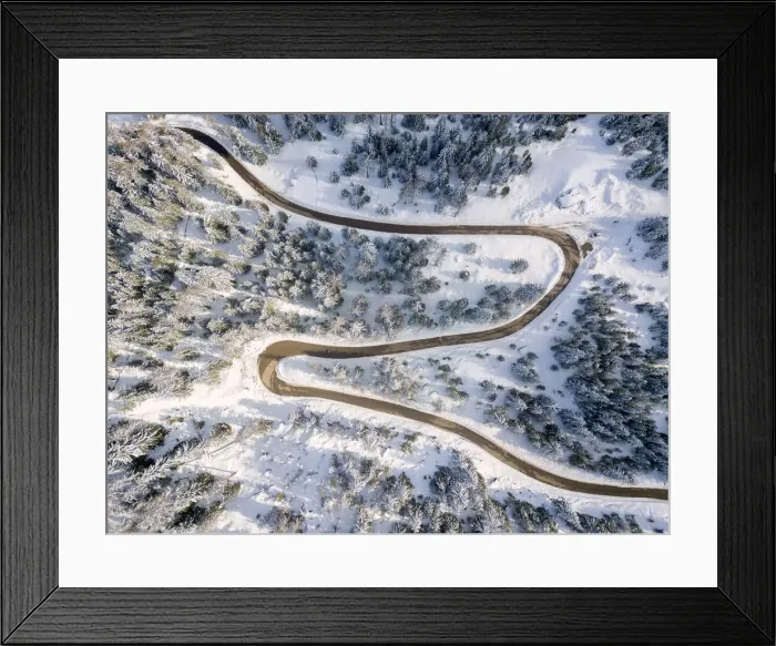 Framed Print : Snowy road aerial view, Passo Delle Erbe, Funes Valley, South Tyrol, Italy Framed Print : Snowy road aerial view, Passo Delle Erbe, Funes Valley, South Tyrol, Italy