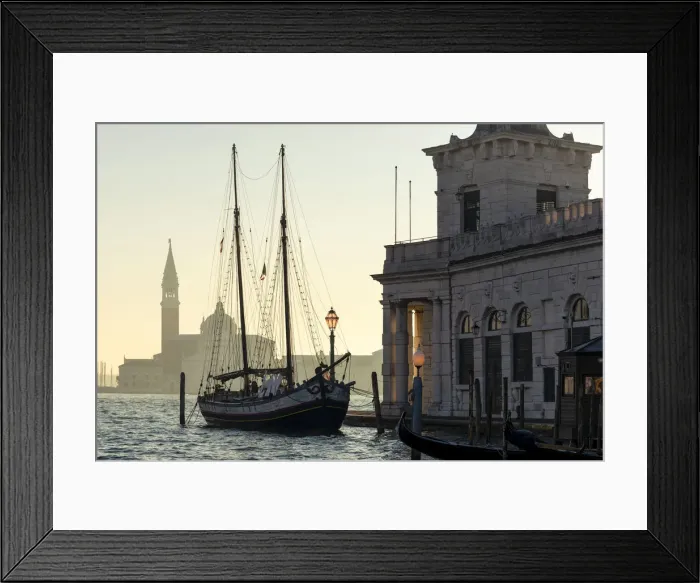 Framed Print : Historic trabaccolo boat at Punta della Dogana with San Giorgio Maggiore Island in Framed Print : Historic trabaccolo boat at Punta della Dogana with San Giorgio Maggiore Island in