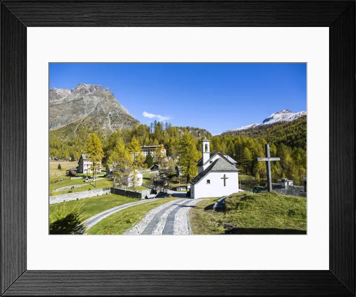 Framed Print : Church and houses in the green landscape of Alpe Devero, Val Formazza Framed Print : Church and houses in the green landscape of Alpe Devero, Val Formazza
